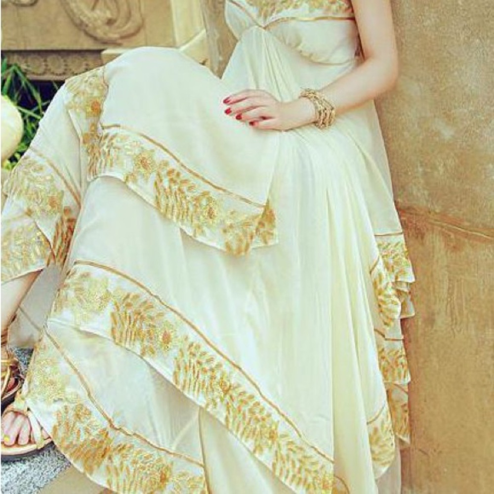 NWT GORGEOUS Gold Cascading Chiffon Dress with Layered and Embroidered Hems